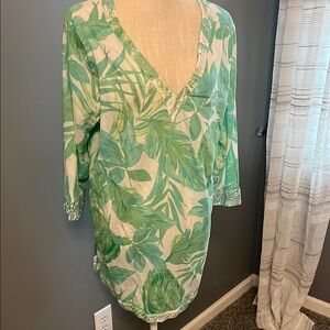 🏖️ Christian Siriano Green and White Relaxed Tunic, Size L